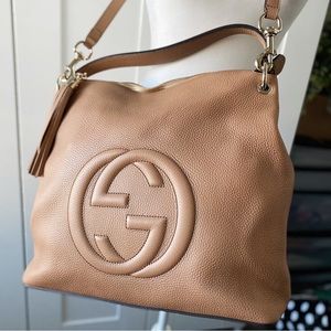GUCCI Camellia Nude SOHO LEATHER HANDBAG